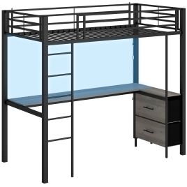 EALING High Sleeper Metal Bunk Bed with Desk, LED Light and Safety Guardrail - Black and Grey