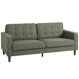 FOWEY Button Tufted 3 Seater Upholstered Sofa with Wood Legs - Green