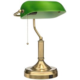 ROSECROFT Bankers Desk Lamp with USB Ports, Bronze Tone Base and Pull Chain Switch - Green