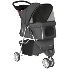 EASBURY 3 Wheel Foldable Dog Stroller with Adjustable Canopy and Storage Basket - Dark Grey and Grey