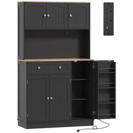 CHIPPING 173 cm Kitchen Pantry Cupboard with Charging Station, Adjustable Shelves and 4 Door Racks - Black and Oak
