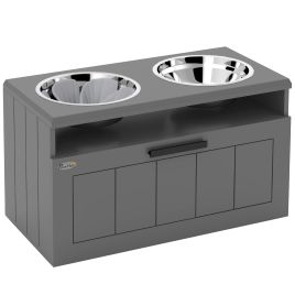 ALRESFORD Raised Dog Feeding Station with Slow Feeder, 2 Steel Bowls and Storage Drawer - Grey