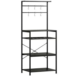 STEYNING Industrial Freestanding Shelving Unit with 6 Hooks and Wine Rack - Black