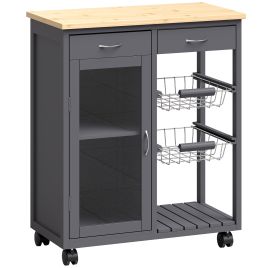 CROWBOROUGH Bamboo Rolling Kitchen Island Trolley with Glass Door, 2 Wire Baskets and Adjustable Shelf - Grey and Natural