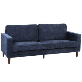 FOWEY Button Tufted 3 Seater Upholstered Sofa with Wood Legs - Dark Blue