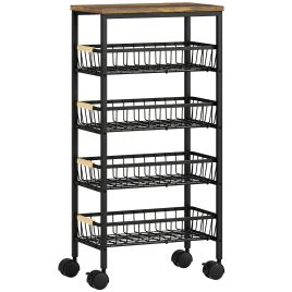 SUNNINGDALE 4 Tier Metal Kitchen Storage Trolley with Pull Out Baskets and Swivel Castors - Rustic Brown, Black and Natural