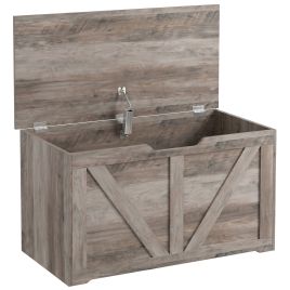 JUVRIA 100L Particleboard Home Storage Box with Safety Hinge and Wood Effect - Grey