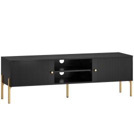 HILTON TV Stand for TVs up to 65 Inches with 2 Open Shelves, 2 Cabinets and Steel Legs - Black