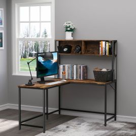 Industrial Style L-Shaped Work Desk With Storage Shelf - Brown