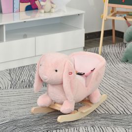 Cute Rabbit Plush Fabric Kids Ride-On Rocking Chair With Music And Seatbelts - Pink
