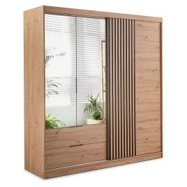 MAJO 3 Door Mirrored Wardrobe with 2 Drawers Medium Oak - 203cm