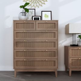 BATON Oak Finish Rattan Chest of Drawers - Medium-sized, 6 Drawers