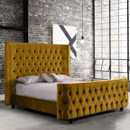 Harmony Plush Velvet Fabric Bed, Mustard Colour - 5 Sizes
