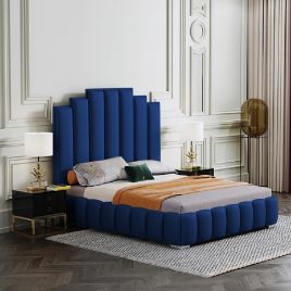 Leisa Plush Velvet Fabric Bed, Blue Colour - 5 Sizes
