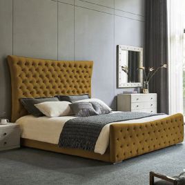 Plexa Plush Velvet Fabric Bed, Mustard Colour - 5 Sizes