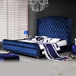 Rosio Plush Velvet Fabric Bed, Blue Colour - 5 Sizes