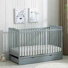 Solid Pine Baby Cot Bed With Rollaway Drawer and Water Repellent Mattress - Grey