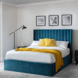 Langham Scalloped Headboard Storage Teal Velvet Bed - Super Kingsize
