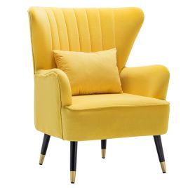 Leisure Velvet Tufted Armchair Metallic Legs with Lumbar Pillow, Yellow