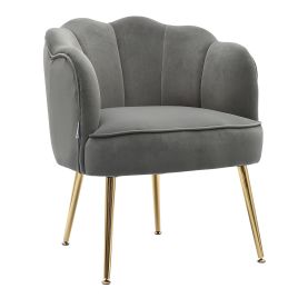 Frosted Velvet Shell-shaped Armchair Petal Backrest with Golden Metal Legs Casual Grey