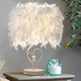 White Feather Table Lamp Bedside Nightstand Lamp With Heart Shape Base