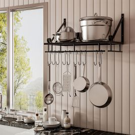Wall Mounted Kitchen Metal Shelves Hanging Pot Rack with 10 Hooks 45X24CM