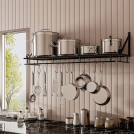 Wall Mounted Kitchen Metal Shelves Hanging Pot Rack with 10 Hooks 90X24CM
