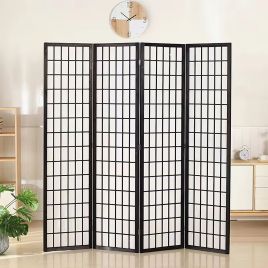 Black 4-Panel Solid Wood Divider Screen
