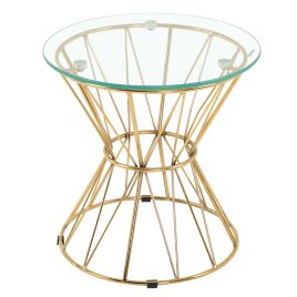 Hourglass-Shaped Metallic Base Side Table with Clear Glass Top