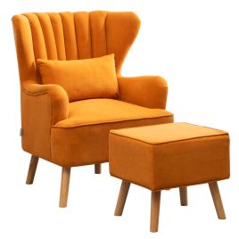 Orange 48cm W Occasion Frosted Velvet Wingback Armchair And Footstool