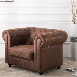 Mid-Century Leather Accent Wingback Chesterfield Armchair - Brown