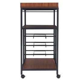 3 Tier Kitchen Trolley with Tea Tray Wood Storage Shelf and Wine Rack, Brown