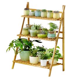 3-Tier Foldable Plant Stand Wooden Ladder Shelf Natural