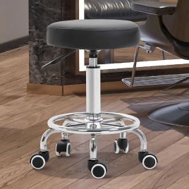 PU Leather Round Stool With Footrest - Black