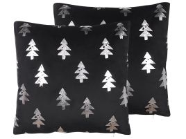 Velvet Cheer Set of 2 Cushions Christmas Tree Pattern 45 x 45 cm - Black