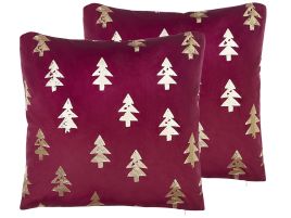 Crimson Joy Set of 2 Velvet Cushions Christmas Tree Pattern 45 x 45 cm - Red