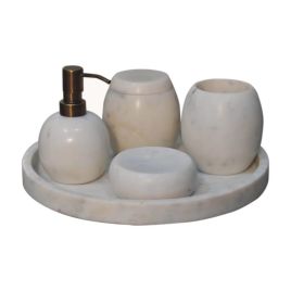 5Pc Round Polished White Marble Bathroom Accessories