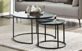 Black Frame Chicago Round Nesting Coffee Tables - Smoked Glass Top