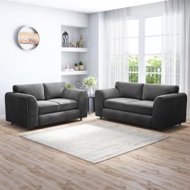 DELANO Plush Velvet 3 and 2 Seater Fullback Sofa Set - Black