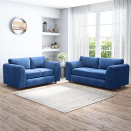 DELANO Plush Velvet 3 and 2 Seater Fullback Sofa Set - Midnight Blue