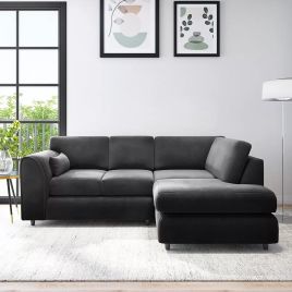 DELANO Plush Velvet 4 Seater L Shaped Fullback Corner Sofa - Black, Left Hand Facing