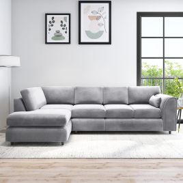DELANO Plush Velvet Large 5 Seater L Shaped Fullback Corner Sofa - Light Grey, Left Hand Facing