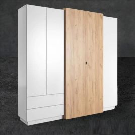 Wardrobe - PANTHEON 4 Door Mirrored Wardrobe White and Oak 230cm