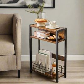 QUENTARA Side Table 3-Tier Slim Enad Table for Small Spaces - Rustic Brown