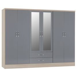 NEWBIGGIN 6 Door Mirrored Wardrobe with 2 Drawers Grey Gloss with Light Oak - 230cm