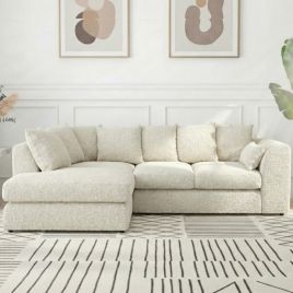 BELVANO Boucle Fabric 4 Seater L Shaped Scatterback Corner Sofa - Ivory, Left Hand Facing