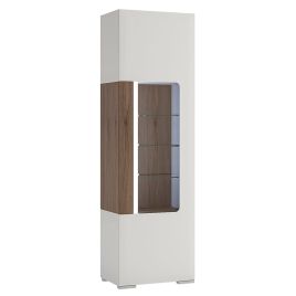 Toronto Tall narrow glazed display cabinet with internal shelves (inc Plexi Lighting) - White High Gloss with San Remo Oak inset
