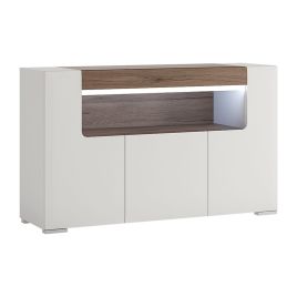 Toronto 3 Door Sideboard with open shelving (inc Plexi Lighting) - White High Gloss with San Remo Oak inset