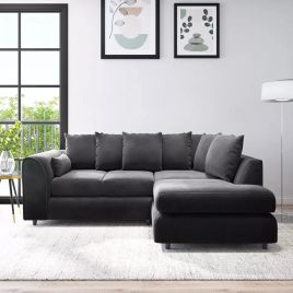 DELANO Plush Velvet 4 Seater L Shaped Scatterback Corner Sofa - Black, Right Hand Facing
