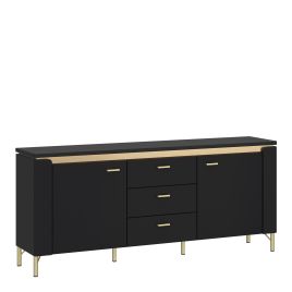 TV Stand - GENOA 2 Door 3 Drawer Media Unit Black Matt and Gold 155.3cm